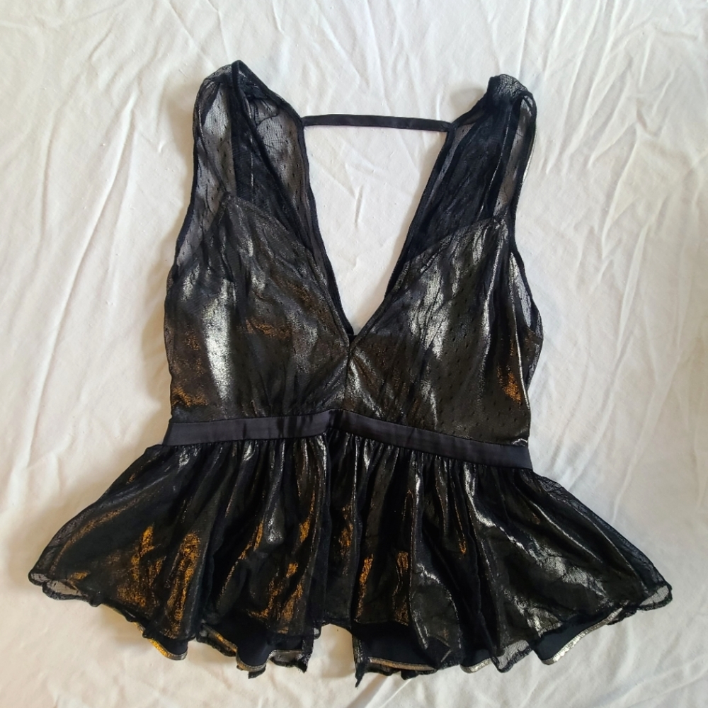 Express | Metalic & Mesh Plunge V-Neck Peplum Top